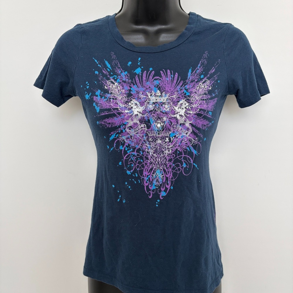 y2k VTG Express Featherweight Tee Graphic Wing Crown Print XS Navy Blue